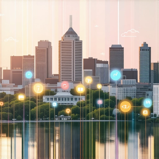 Night view of Indianapolis city with digital marketing icons overlay