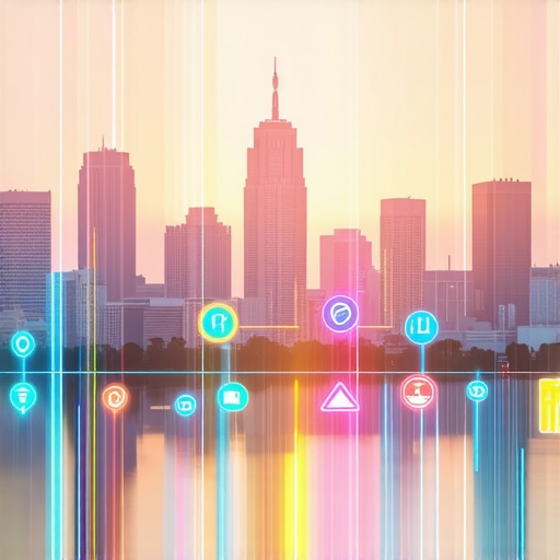 Cityscape of Indianapolis with digital map overlays and SEO icons