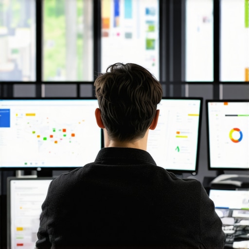 Analyzing Local SEO Data Person reviewing local SEO analytics on multiple screens with maps and charts.