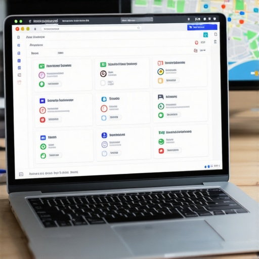 Laptop displaying local SEO dashboards with city map background
