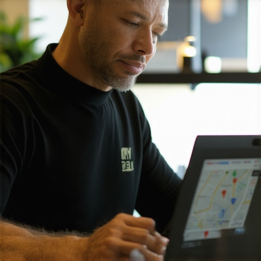 Business owner updating Google My Business profile on laptop with local maps on screen.