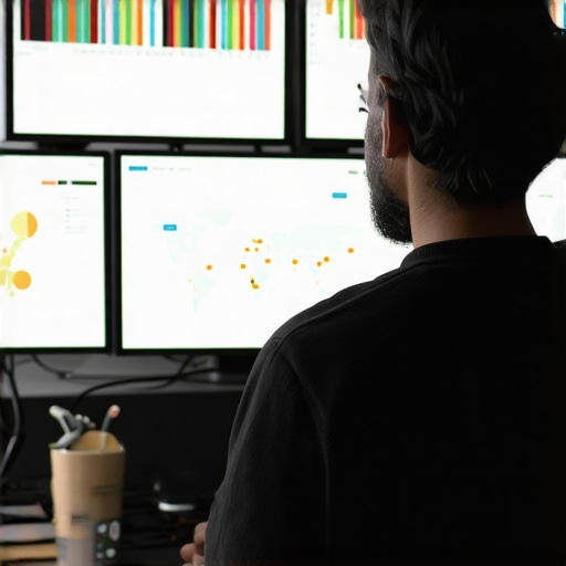 Digital Marketing Dashboard for Local SEO Person analyzing local SEO data on multiple screens with maps and analytics charts.