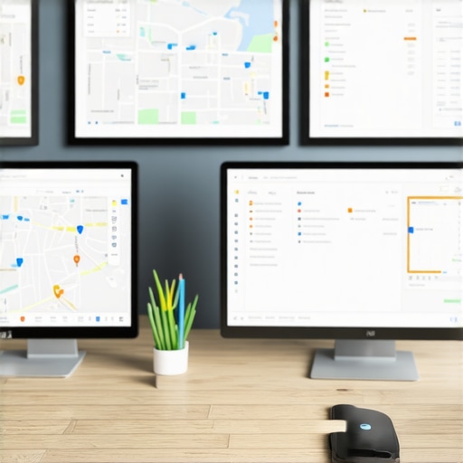 Local SEO Tools Dashboard A desktop workspace showing detailed local SEO analytics on multiple monitors.