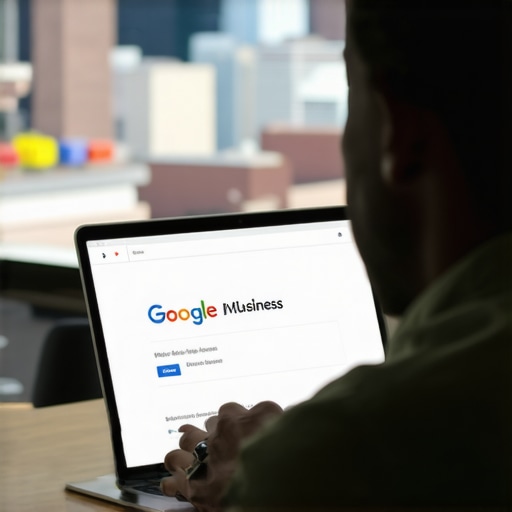 Business owner managing Google My Business profile on laptop with Indianapolis city view