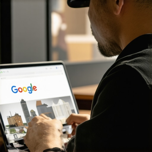 Business owner updating GMB profile with Indiana landmarks in background.