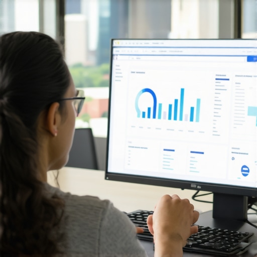 Digital marketer reviewing SEO analytics on a laptop with Indianapolis cityscape