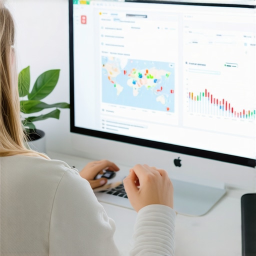 Person reviewing local search data on a laptop with maps and analytics charts.