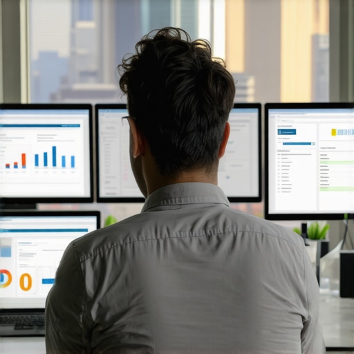 Person analyzing SEO data on multiple screens with Indianapolis skyline in background.