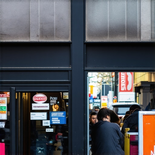 Front view of an Indianapolis business storefront with signage and activity.