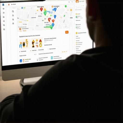 Business owner working on Google My Business profile with maps and SEO tools in Indianapolis