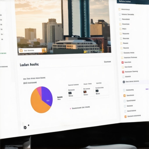 A computer screen showing SEO analytics dashboard with Indianapolis skyline