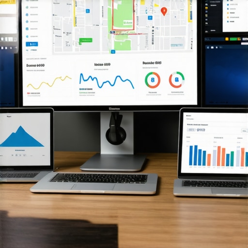 Open screens showing local SEO dashboards and maps in a modern office setting.