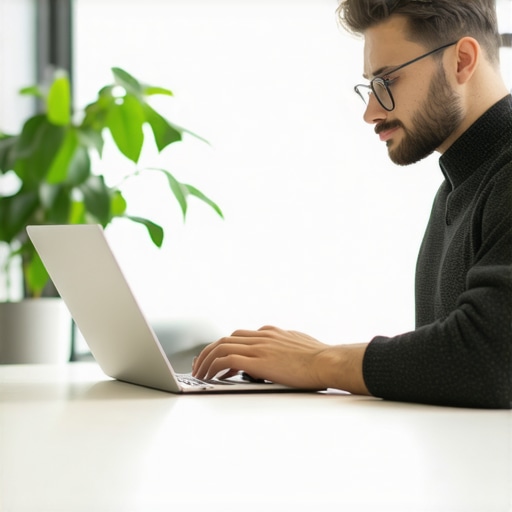 Business owner updating GMB profile on a laptop in office.