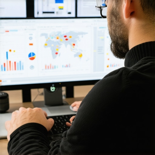 A digital marketer analyzing maps and SEO analytics on a computer in an Indianapolis office.