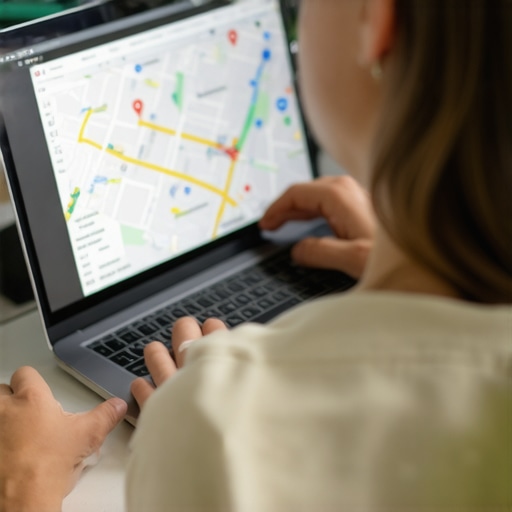 Person updating Google My Business listing on laptop with map and analytics in background