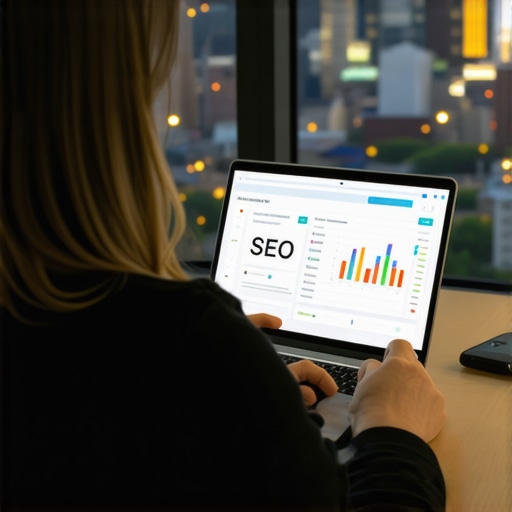 A person analyzing local SEO metrics on a laptop with Indianapolis skyline in background