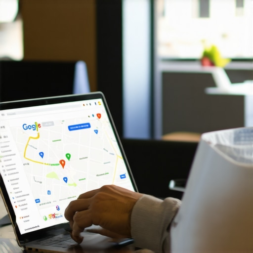 Small business owner working on Google My Business profile with local maps displayed