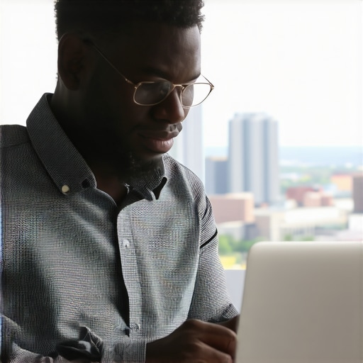 Business owner updating Google My Business profile on a laptop with Indianapolis cityscape background.