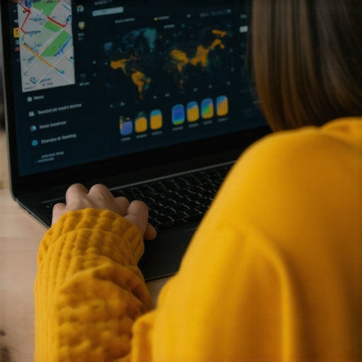 Business owner analyzing local SEO metrics on laptop with maps and charts
