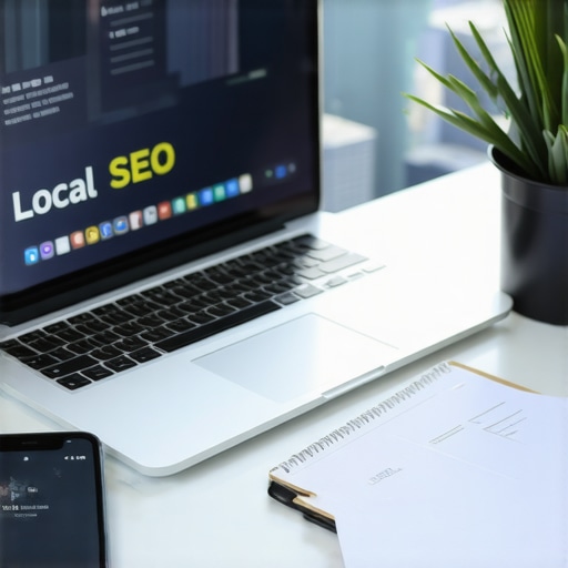 Desk with SEO tools and Indianapolis skyline