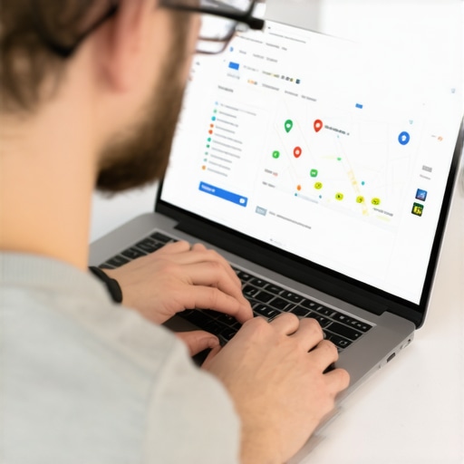 Business owner updating Google My Business profile on laptop with maps and SEO tools