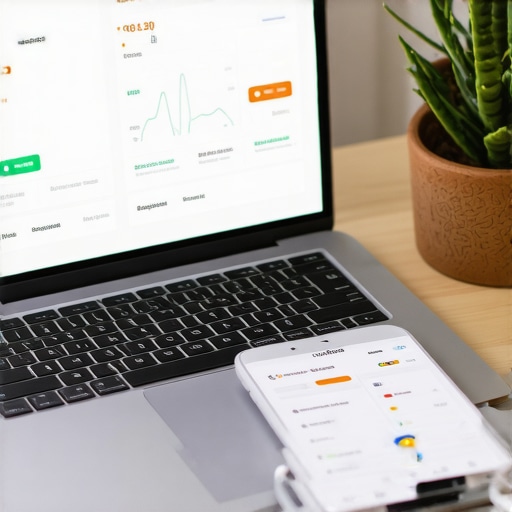 Laptop and smartphone displaying local SEO analytics and GMB insights on a modern desk setup.