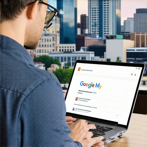 Business owner updating Google My Business profile with Indianapolis cityscape in background.