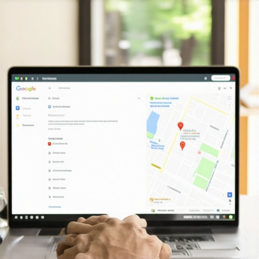 Business owner working on Google My Business profile with Indianapolis map in the background.