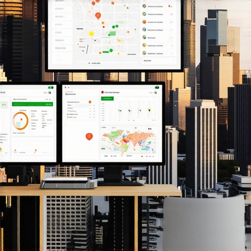 A digital workspace displaying local SEO analytics, maps, and review management tools with Indianapolis city view.