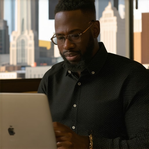 Business owner editing GMB profile on laptop with Indianapolis cityscape in background.