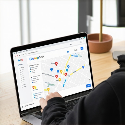 Indianapolis business owner optimizing GMB profile on laptop with local map interface